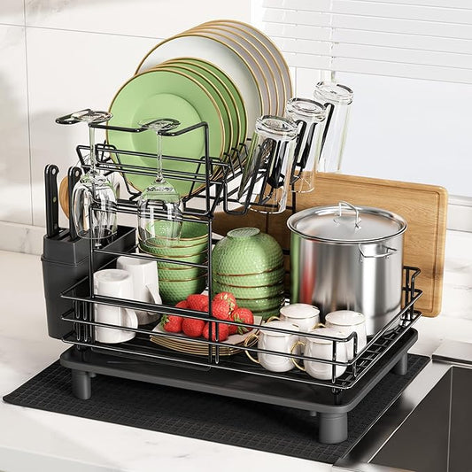 2 Tier Black Large Stainless Steel Dish Drainers Drying Rack for Kitchen Counter with Drainboard, Rust Proof Metal, Space Saving, Modern Aesthetic, Compact Plates Strainers with Extra Mat