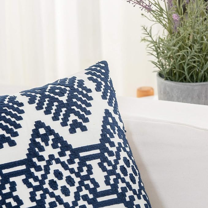 HWY 50 Navy Blue Decorative Throw Pillow Covers 18x18 Inch, Pack of 2 Embroidered Cotton Farmhouse Cushion Cover Pillow Case for Sofa Couch Living Room Bed Bedroon, Diamond Geometric Design