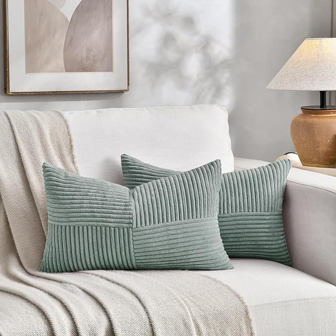 Fancy Homi 2 Packs Grey Blue Lumbar Decorative Throw Pillow Covers 12x20 Inch for Couch Bed Sofa, Rustic Farmhouse Boho Home Decor, Soft Striped Corduroy Rectangle Accent Cushion Case 30x50 cm