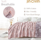 jinchan Boho 100% Cotton Muslin Twin Size 50x60 Inches Blanket Lightweight 4-Layer Quilted Soft Pink Red Floral Throw Blanket Reversible Comfy Flower Breathable All Seasons Couch Bedroom Decor