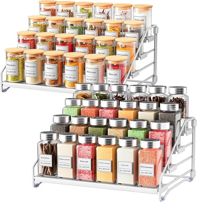RCHYFEED 4 Tier Spice Rack Organizer, Spice Organization for Cabinet,Pantry, Countertop,Tiered Spice Rack Easy Visibility,Depth Expandable Seasoning Shelf for Kitchen Cabinet Organizer,Silver,2 PACK