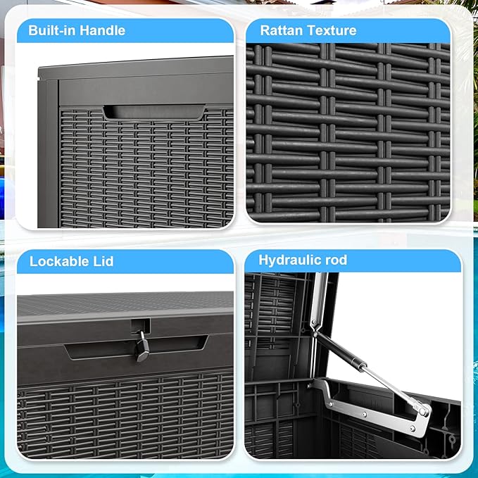 100 Gallon Outdoor Storage Box,Large Waterproof Resin Deck Box,Lockable Storage Container with Reinforced Support for Patio Cushions,Garden Tools,UV-Resistant（Black Rattan）