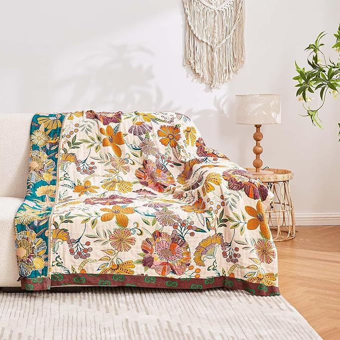 Boho Throw Blanket, 100% Cotton Ultra Soft Luxury Throw Rustic Quilt, 60"x80" Floral Printed Farmhouse Decor Bed Summer Blankets, All Season Rustic Reversible Bohemian Throw for Bed - White