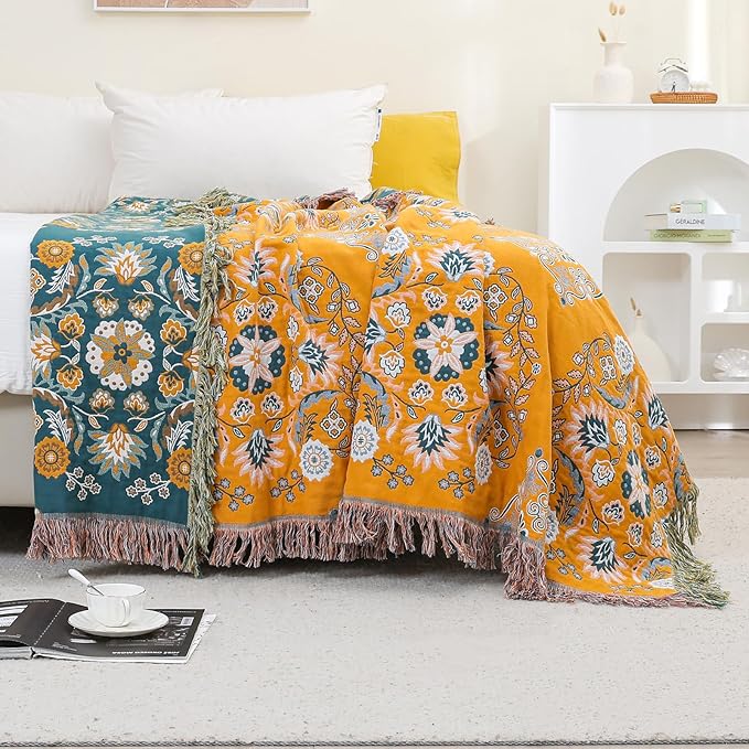 Boho Throw Blanket for Bed,100% Cotton Ultra Soft Lightweight Muslin 4-Layer Breathable Woven Throws 80''x 90'' Blanket Yellow Floral Printed Farmhouse Decor Bed Blankets
