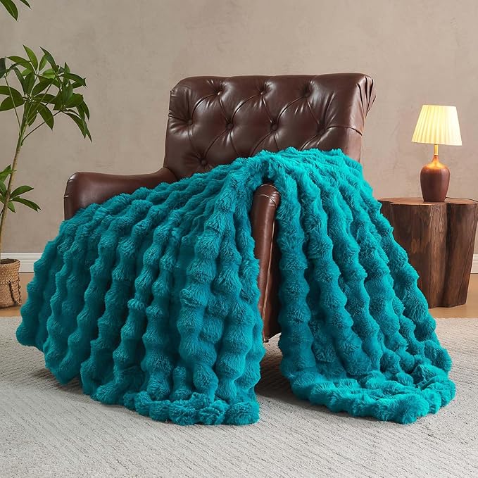 Lotus Karen Faux Fur Teal Throw Blanket - Big Bubble Rabbit Fluff Blanket for Couch Bed Sofa,Softest Fluffy Fuzzy Cozy Blanket,Thick Furry Plush Shaggy Warm Blankets for Women,50x60 Inches