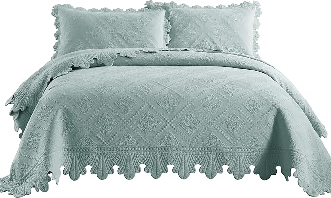 MarCielo 3-Piece 100% Cotton Oversized Bedspread Lightweight Quilt Coverlet Embroidery Farmhouse Bedding Set (Tk Aqua Green, Oversized Queen (100"x106"))