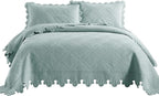 MarCielo 3-Piece 100% Cotton Oversized Bedspread Lightweight Quilt Coverlet Embroidery Farmhouse Bedding Set (Tk Aqua Green, Oversized King (118"x106"))