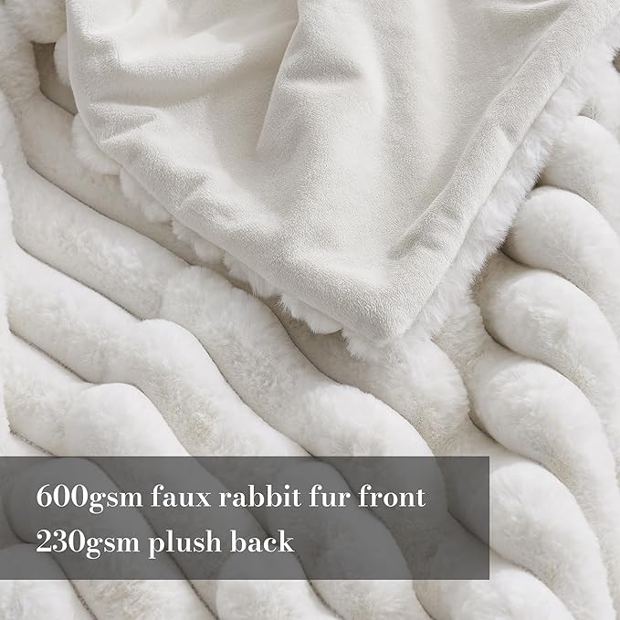 Amélie Home Faux Fur Throw Blanket for Couch, Cozy Fuzzy Fluffy Fur Luxurious Soft Striped Plush Gift Blankets for Family Sofa Chair Bed Living Room Bedroom, 60"x80", Ivory