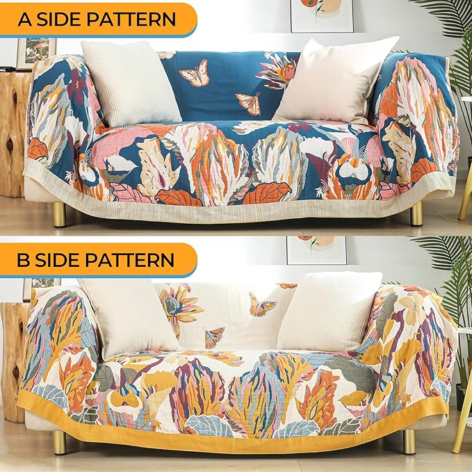 Boho Large Throw Blanket 90" x 98",100% Cotton Soft Sofa Bed Throw-Floral Butterfly Decor Blanket Reversible Bohemian Luxury Throw for Couch Sofa Chair Travel