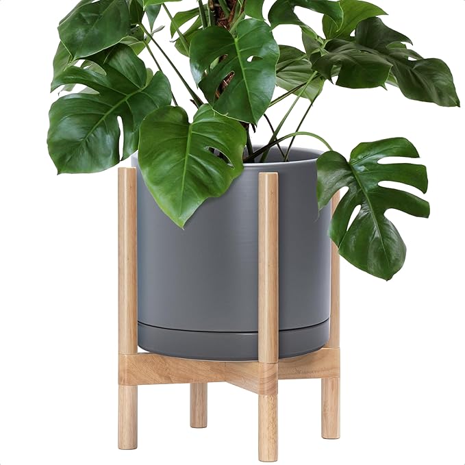 D'vine Dev Ceramic Planter with Natural Stand - 12 Inch Modern Round Flower Pot with Wood Planter Holder, Grey, 55-B-J-3