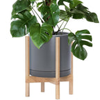 D'vine Dev Ceramic Planter with Natural Stand - 12 Inch Modern Round Flower Pot with Wood Planter Holder, Grey, 55-B-J-3