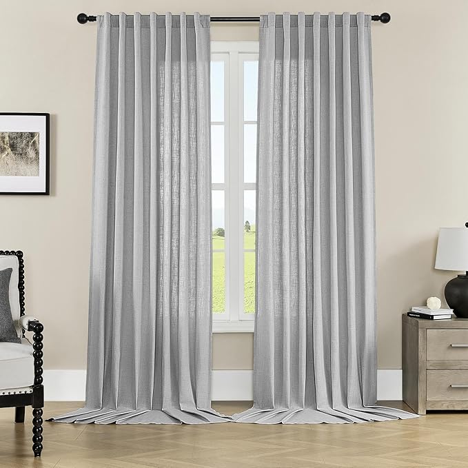 Joydeco Linen Curtains for Living Room,Light Filtering Rod Pocket Back Tab Semi Sheer Drapes Window Long Curtains 120 inches Long Ebony Grey
