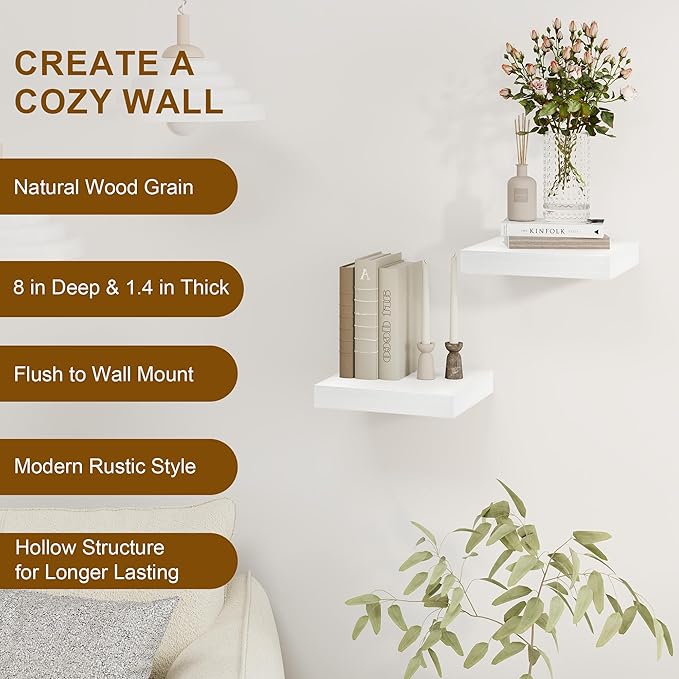 8 Inch Deep Floating Shelves White, Rustic Wood Floating Shelf for Home Decor, 8 x 8 Inch Square Wall Shelves, Wooden Storage & Display Shelves for Kitchen, Bathroom, Living Room, Set of 2