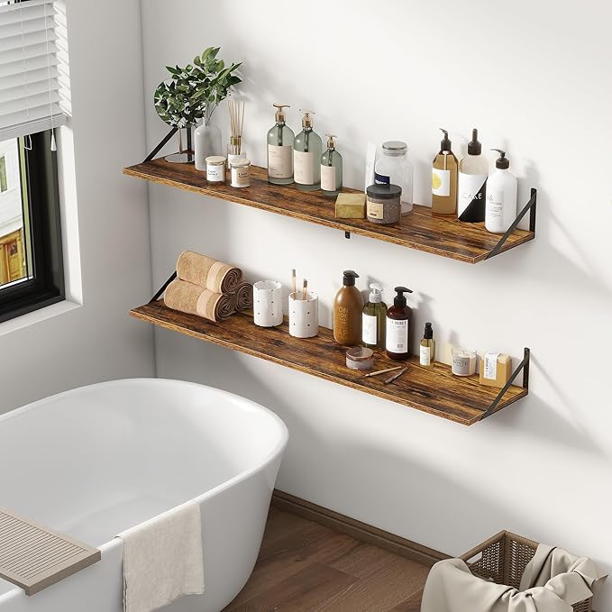Fun Memories Deep Floating Shelves, 55W x 12D Floating Shelves for Wall, Wood Floating Shelf with Bracket, Wide Display & Storage Wall Shelves for Living Room, Bedroom, Rustic Brown