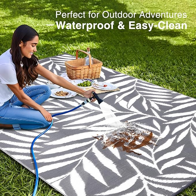OLANLY Waterproof Outdoor Rug 9x12 ft, Reversible Outdoor Plastic Straw Rug with Leaf Pattern, RV Mat, Indoor Outdoor Carpet for Patio, Camping, Balcony, Deck, Backyard, Grey & White
