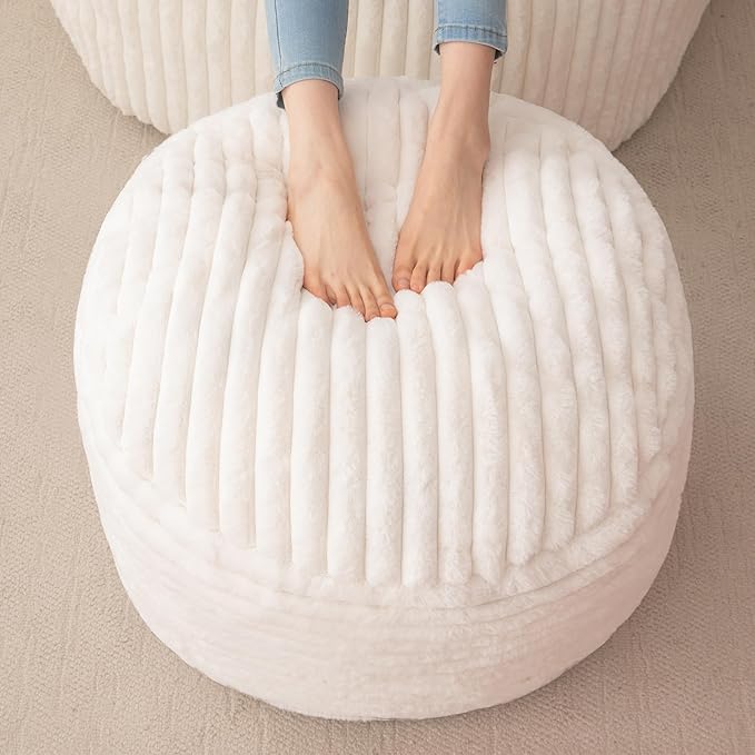 HIGOGOGO Round Stuffed Pouf Ottoman, Stripe Faux Fur Poufs with Foam Chunk Filling, Furry and Fluffy Pouf Foot Stool Storage Ottoman, 20 X 15 Floor Poufs Foot Rest for Living Room, Beige