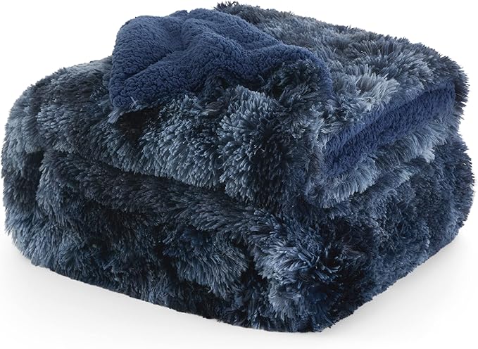 Bedsure GentleSoft Fluffy Tie Dye Navy Blue King Size Blanket for Bed, Thick Soft Sherpa Faux Fur Fleece Bedding Fuzzy Plush Winter Warm Large King Blanket, Cozy Blue Gifts for Men Women, 108x90