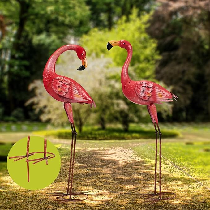 Metal Flamingo Garden Statue, 40" Tall Outdoor Decor Flamingos Yard Art Sculptures and Statues Reinforced Foot, Weatherproof Flamingo Ornaments for Lawn Pool Backyard Decor, Set of 2