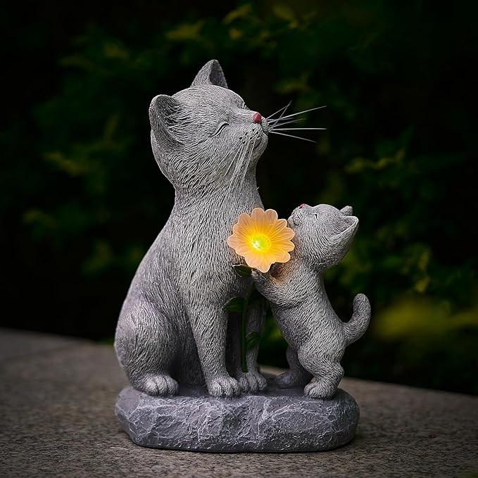 Solar Cat Garden Statue Outdoor Decor - Mother & Kitten Figurines with Flower LED Light, Outside Yard Art Patio Balcony Lawn Ornament, Unique Gifts for Cat Lover