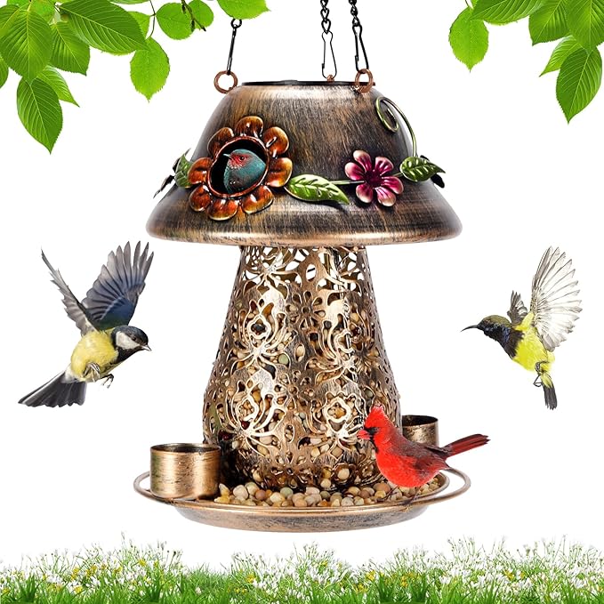 Mushroom Solar Bird Feeders for Outdoors Hanging Metal Wild Bird Feeder Garden Lantern with S Hook for Garden Decoration Brown