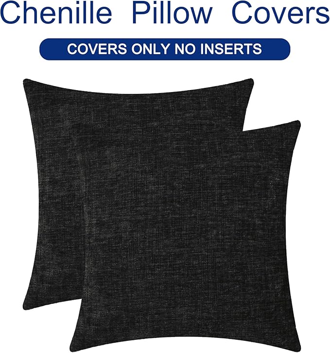 CaliTime Throw Pillow Covers Decorative 20 X 20 Inches Pack of 2 Cozy Chenille Cushion Cases for Couch Sofa Bed Living Room Home Black