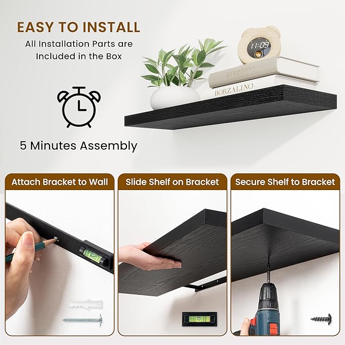 36 Inch Floating Shelves, 9.3 Inch Deep Rustic Wall Shelves - Extra Deeper Wall Mounted Storage Shelves for Bathroom, Kitchen, Living Room (Black, Set of 2)