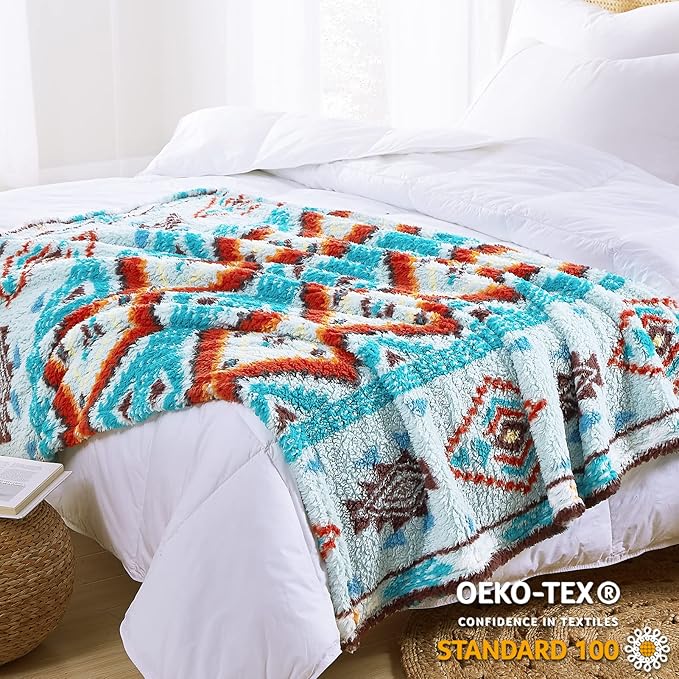 CASAAGUSTO Boho Sherpa Throw Blanket, Aztec Throw, Ultra Soft, Warm, Cozy, Plush, Thick Fleece Bohemian Throw Blanket for Couch, Bed, Sofa (Aqua 50 * 60 Inch)