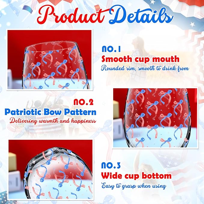 Sliner 2 Pack Patriotic Stemless Wine Glasses 17oz Red Blue Bow Drinking Glasses Independence Day Tumbler Cups for 4th of July Party Supplies Memorial Day Gift Decorations