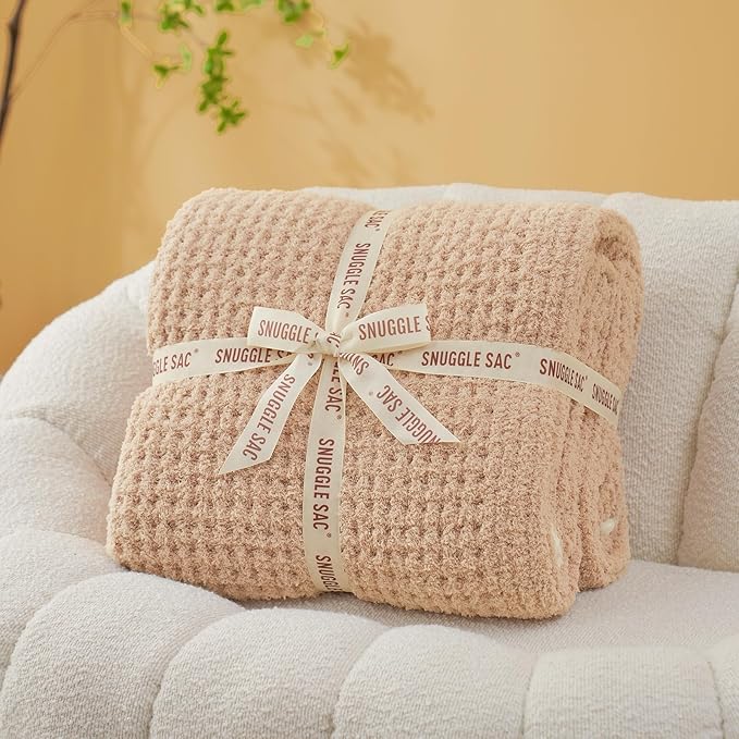Snuggle Sac Waffle Throw Blanket for Couch Bed Sofa 50x60 inches, Reversible Beige Blanket Microfiber Fluffy Fuzzy Cozy Knit Soft Throws for Women Mothers Birthday Gifts