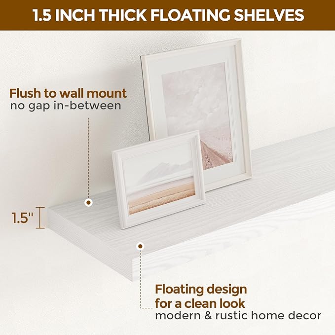 Fun Memories White Floating Shelves 32 Inch Long, 9 Inch Deep Floating Bookshelf Wall Mounted, Farmhouse Wood Shelves White for Bathroom, Living Room, Bedroom, Home Decor Deep Shelf for Wall Set of 2