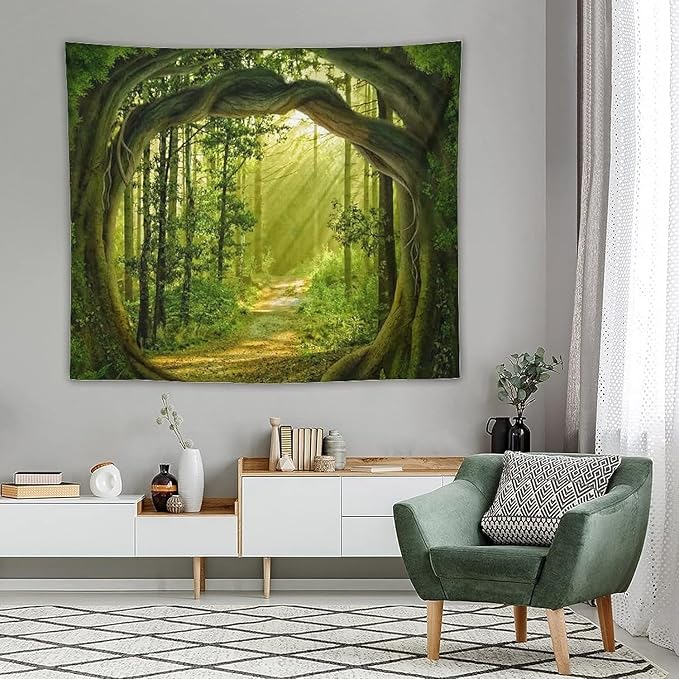 FENDROM Enchanted Forest Tapestry Nature Sunshine Lanscape Green Tree Cave Tapestries Wall Hanging For Living Room Bedroom Home Decorations