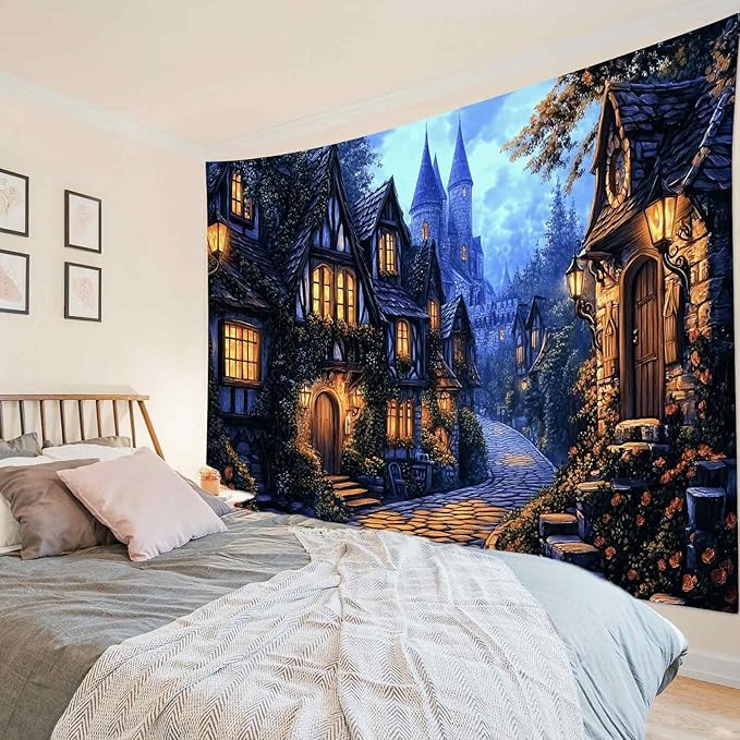 LB Vintage Castle Tapestry, Night Street Old House and Green Tree Wall Tapestry for Bedroom Aesthetic, Village Gothic Wall Art for Living Room Dorm Home Decor Ready to Hanging, 60 x 40 Inches