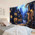 LB Vintage Castle Tapestry, Night Street Old House and Green Tree Wall Tapestry for Bedroom Aesthetic, Village Gothic Wall Art for Living Room Dorm Home Decor Ready to Hanging, 59 x 51 Inches