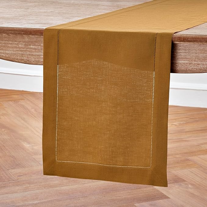 Solino Home Linen Hemstitch Table Runner 60 Inches - 100% Pure Linen Brown Sugar Hemstitch Table Runner 14 x 60 Inch Ideal for Dresser and Coffee Tables - Fall, Thanksgiving - Classic Hemstitch