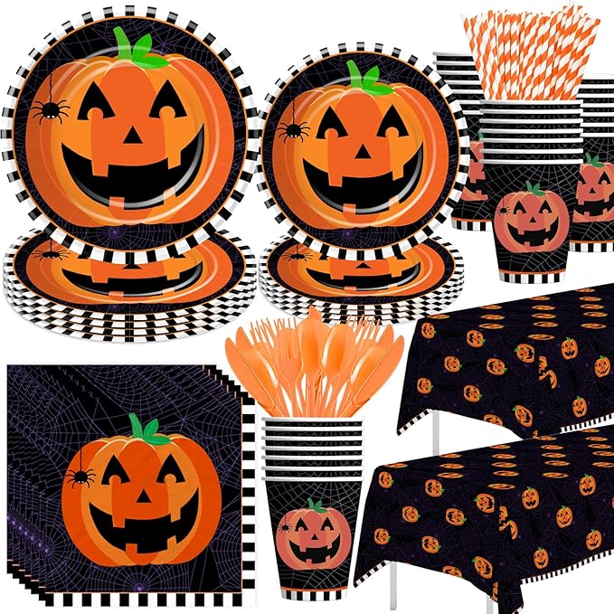 Halloween Plates and Napkins Party Supplies, Pumpkin Halloween Party Decorations Tableware, Pumpkin Paper Plate, Cup, Napkin, Tablecloth, Disposable Cutlery, Serves 24
