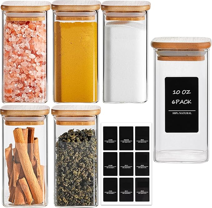 ComSaf 6Pcs 10 oz Large Spice Jars with Label Trial Set, Glass Spice Jars with Bamboo Lids Supplementary Set, Seasoning Container Trial Pack, Perfect for Ktichen Starter