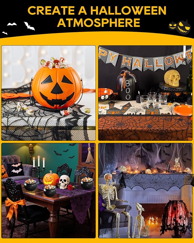 eZAKKA 5 Pack Halloween Decorations Indoor Halloween Spider Web Tablecloth Table Runners Fireplace Mantel Scarf Cobweb Lampshade Scary 3D Bats for Parties Gothic Spooky Home Decoration