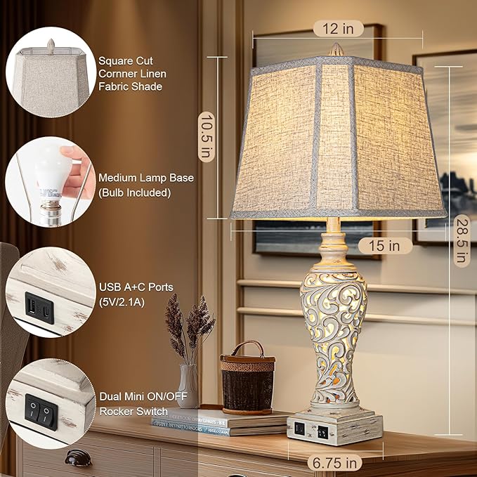 28.5" Table Lamps Set of 2 - Bedside Lamp with Fabric Shades - for Bedroom and Living Room with USB and Nightlight - Perfect for Nightstands and Bedrooms