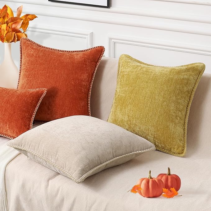 decorUhome Fall Chenille Soft Throw Pillow Covers 20x20 Set of 2, Farmhouse Velvet Neutral Decorative Euro Pillow Covers with Stitched Edge for Couch Sofa Bed Home Decor, Rust