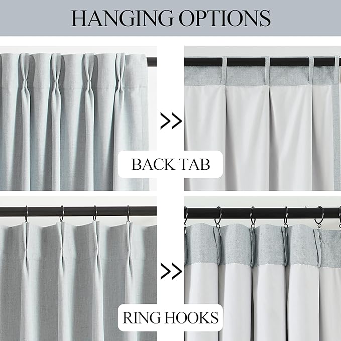 Vision Home Blue Fog Pinch Pleated Full Blackout Curtains Linen Blended Room Darkening Window Curtains 102 inch for Living Room Bedroom Thermal Insulated Pinch Pleat Drapes with Hooks 60" Wx102 Lx1