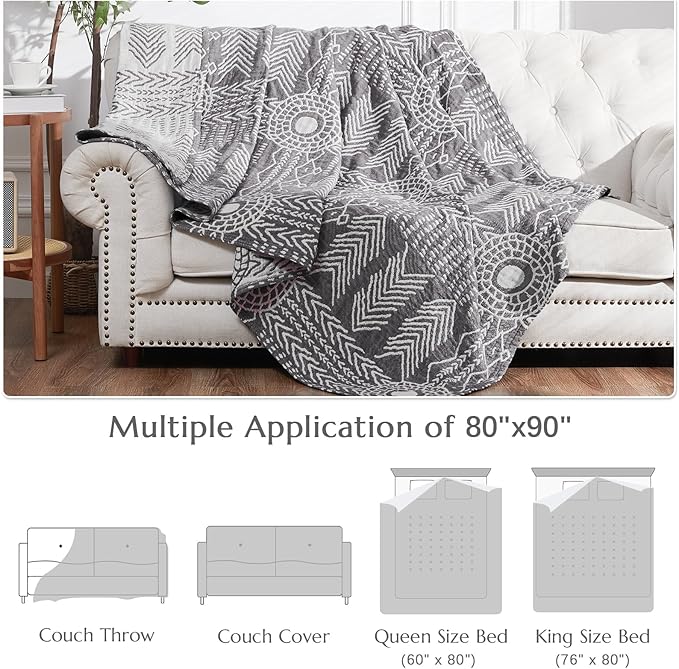 jinchan Boho 100% Cotton Muslin Blanket 3-Layer Queen Size 80x90 Inches Geometric Grey Lightweight Reversible Soft Cozy Comfy Throw for Couch Sofa Bed Large Coverlet Quilt Blanket Bedroom All Seasons