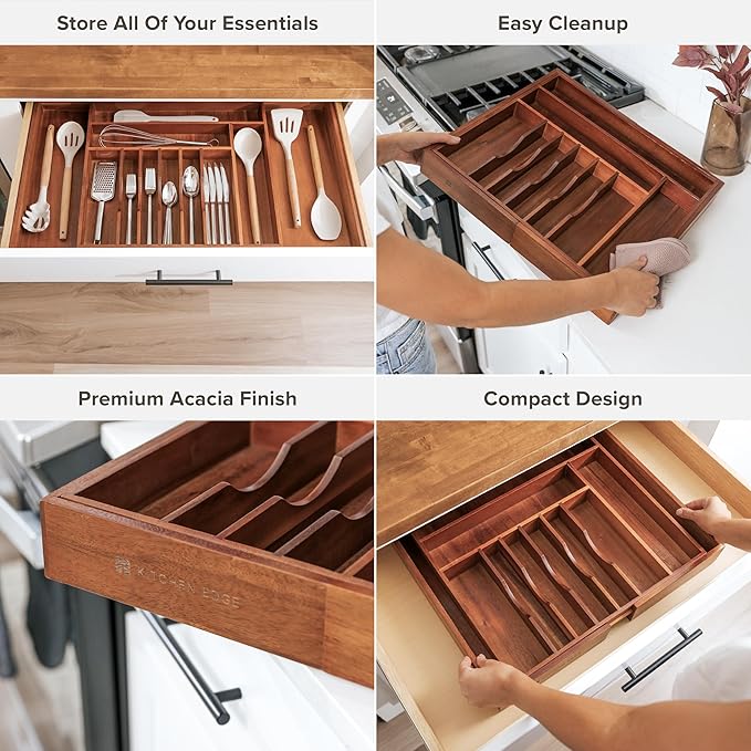 Premium Silverware, Flatware and Utensil Organizer for Kitchen Drawers, Food-Safe Contract Grade, Expandable from 18 to 33 In, Natural Acacia