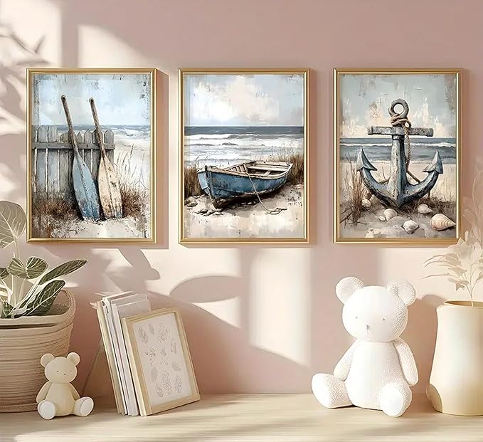 3Pcs Nautical Beach Wall Art Sailboat Paddle and Anchor Paintings Pictures Wall Decor Nautical Coastal Posters Prints Artwork for Living Room Bedroom Home Office Corridor Home Decroation Unframed
