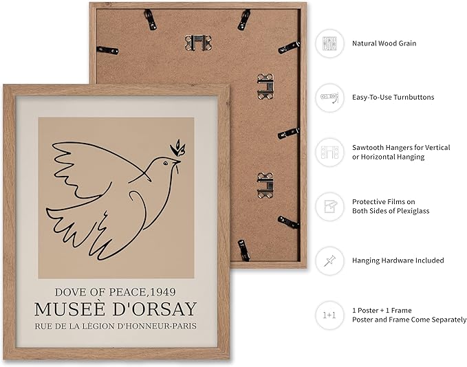 Poster Master Vintage Poster - Retro Minimalist Print - Gift for Artist, Friend - Dove Of Peace, Line Drawing, Sketch, Abstract - Wall Decor for Living Room, Bedroom, 11x14 Beige Framed