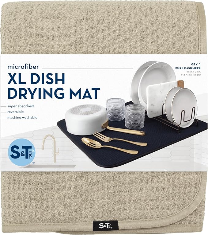 S&T INC. Dish Drying Mat XL, 18” x 24”, Absorbent Microfiber Kitchen Counter Mat, Dish Drying Pad for Dishes, Utensils, Pots and Pans, Extra Large, Pure Cashmere