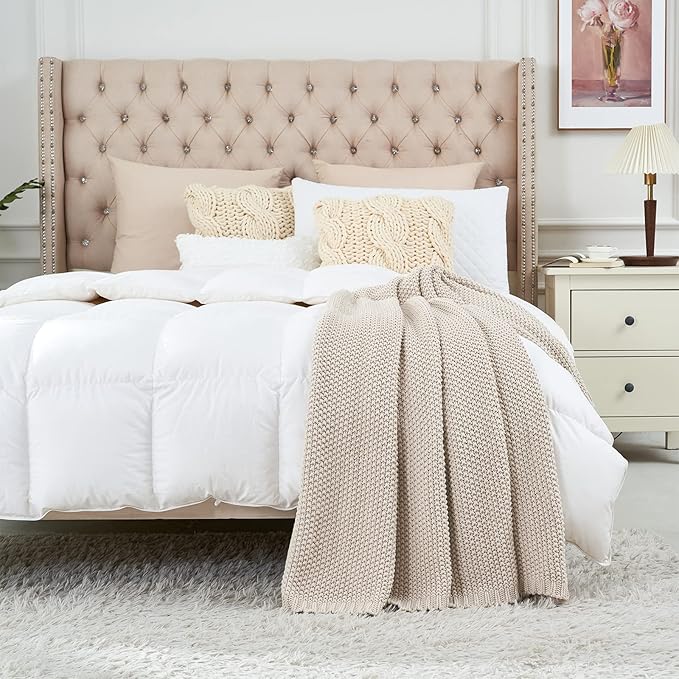 Longhui bedding Chunky Cable Knit Throw Blanket Lightweight Beige 100% Organic Cotton Blanket for Sofa Couch Bed Baby Nursery, Rustic Shabby Chic Modern Farmhouse, 51” x 63” Give Laundering Bag