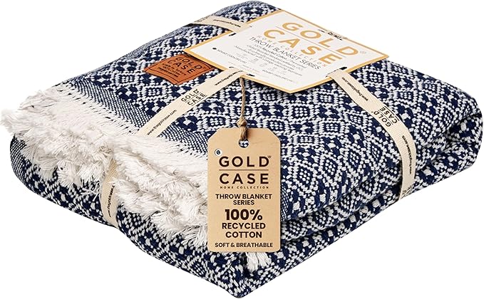Gold Case Throw Blanket for Couch - 100% Recycled Turkish Cotton Blankets & Throws - Retro Soft Throw Blankets for Living Room Sofa - Boho Decorative Woven Throws for Couch - 60x80 - Navy Blue