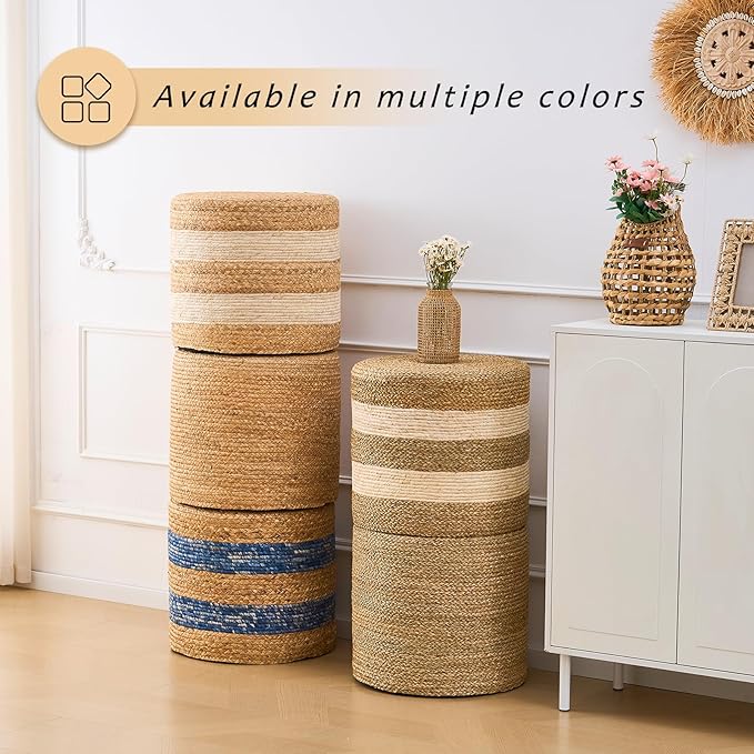 Handwoven Ottoman Pouf, Natural Water Hyacinth Footstool, Round Braided Outdoor Seat with Sturdy Frame, Boho Accent Stool for Patio, Balcony, or Garden (Natural)