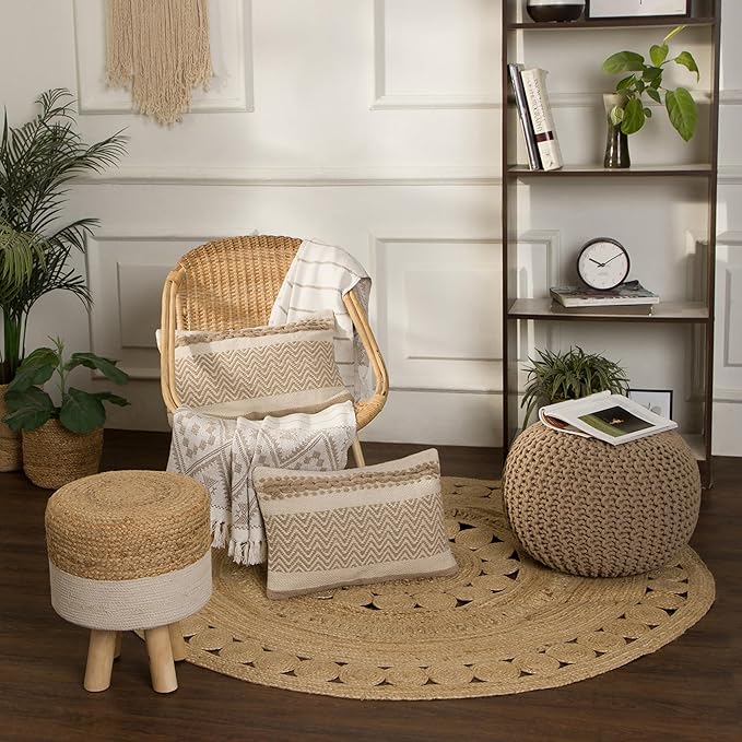 REDEARTH Round Pouf Ottoman - Hand Knitted Cable Boho Poof Home Décor Pouffe Circular Footrest for Living Room - Bedroom - Lounge - 100% Cotton (19.5"x19.5"x14") - Beige