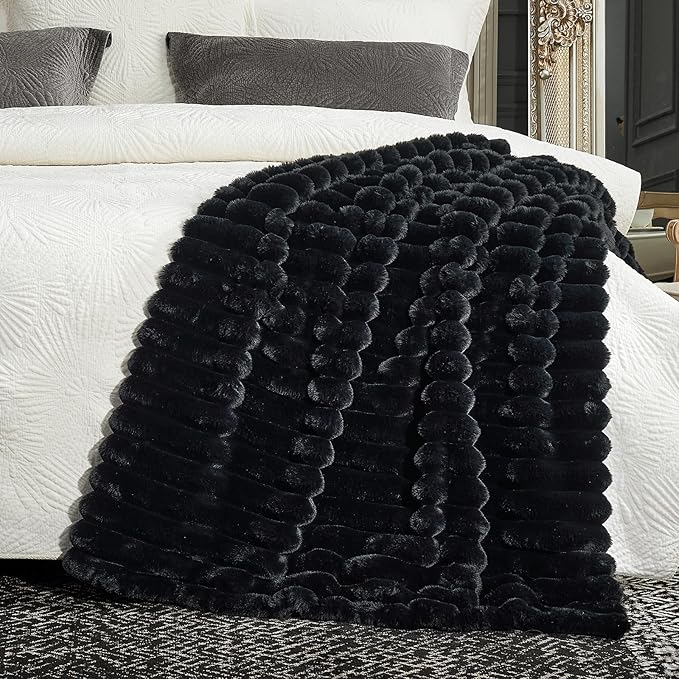 Cozy Bliss Faux Fur Throw Blanket for Couch, Cozy Warm Plush Striped Blanket for Sofa Bedroom Living Room,60 * 80 Inches Black